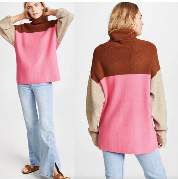 FREE PEOPLE Softly Structured Tunic Sweater Candy Pop Colorblock Pink Brown XS - Picture 2 of 6